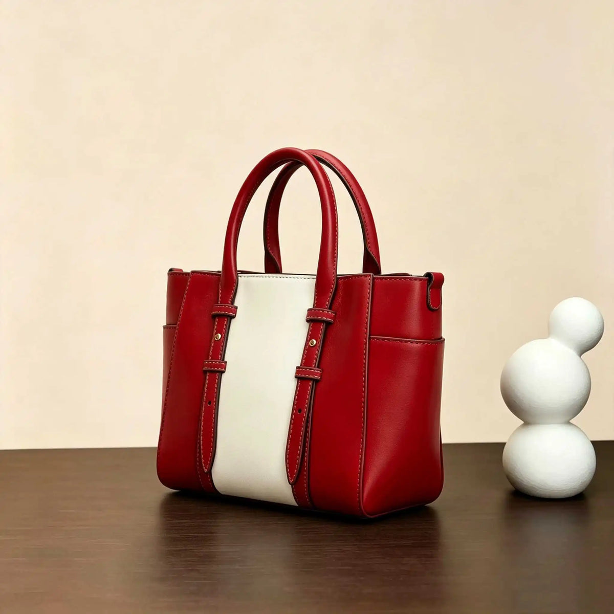 Sac Cabas Femme Cuir Véritable Léger Beige & Rouge – CLEVI Paris