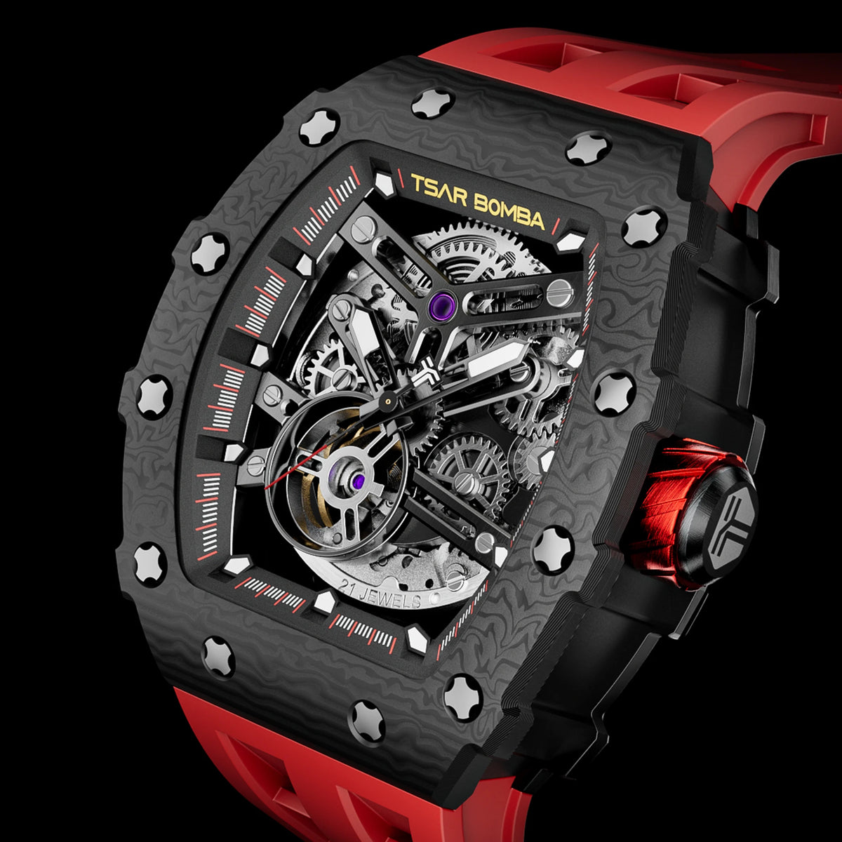 TSAR BOMBA TB8208CF Montre Homme Automatique Squelette Saphir Carbone – CLEVI Paris