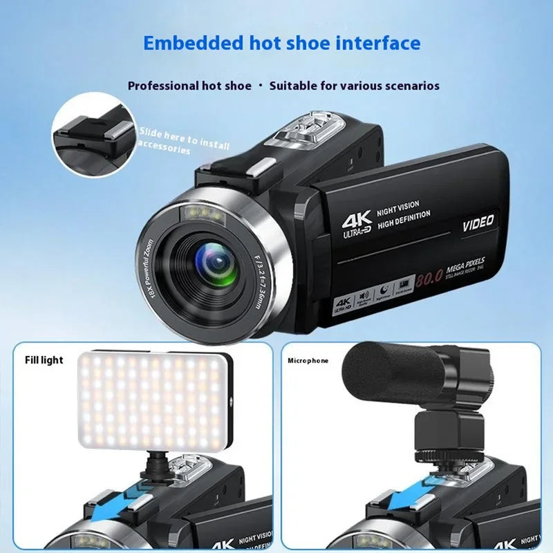 Caméscope 4K SKIG – Écran IPS 3" Rotatif 270°, Vision Nocturne IR, Zoom 18x, Carte SD Incluse