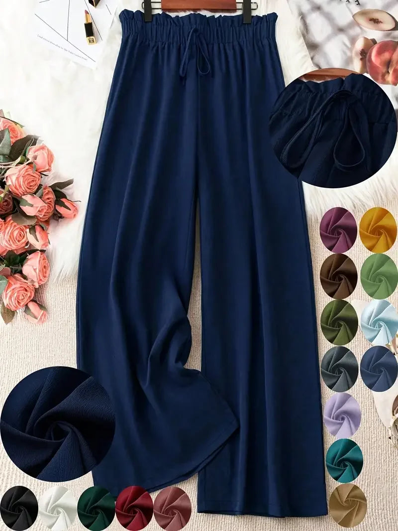 Pantalon Femme Grande Taille Jambe Large Casual Élégant Cordon Taille Mi-Haute – CLEVI Paris