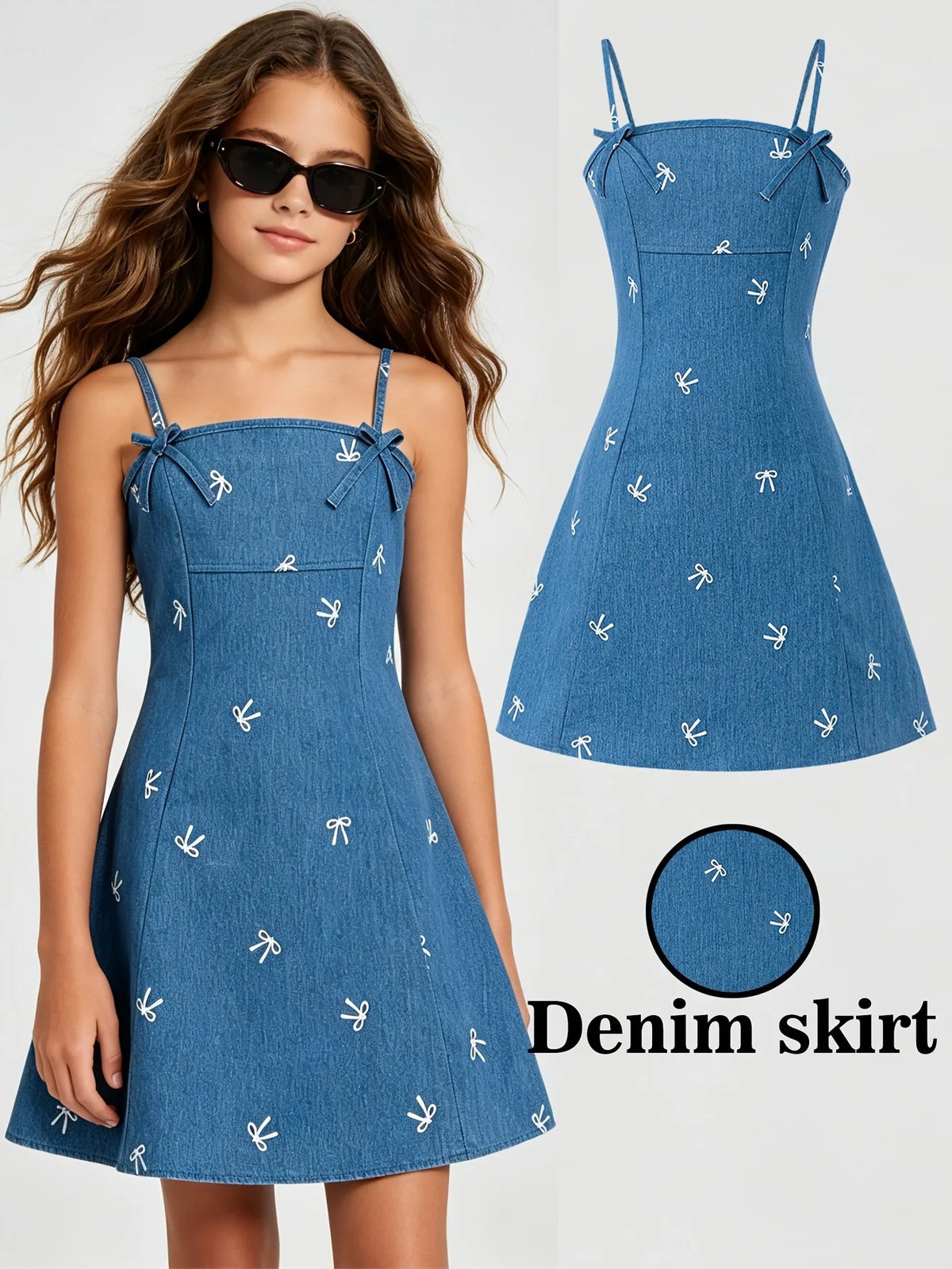 Robe fille bleue à bretelles et nœuds – CLEVI Paris