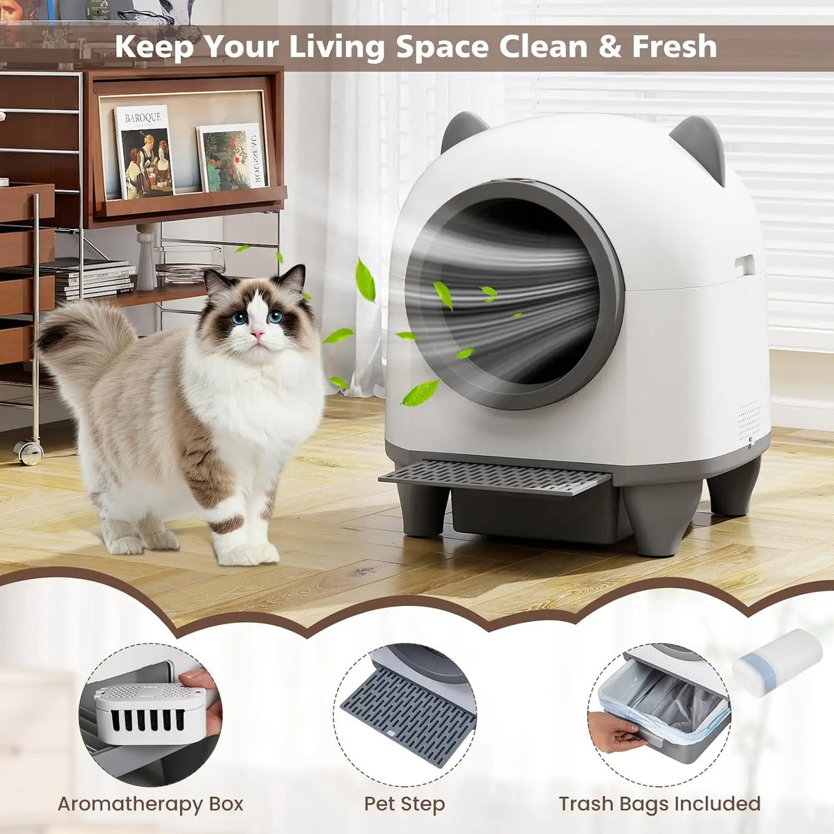 Litière autonettoyante connectée 80 L pour chat – CLEVI Paris