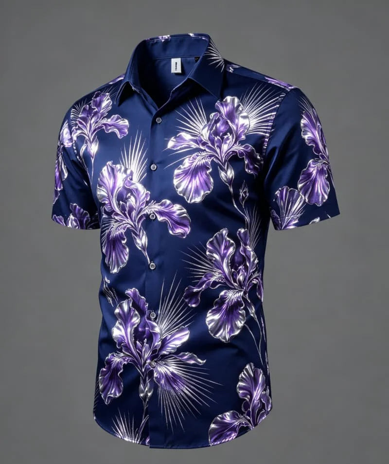 Chemise Homme Florale Métallisée à Manches Courtes – CLEVI Paris