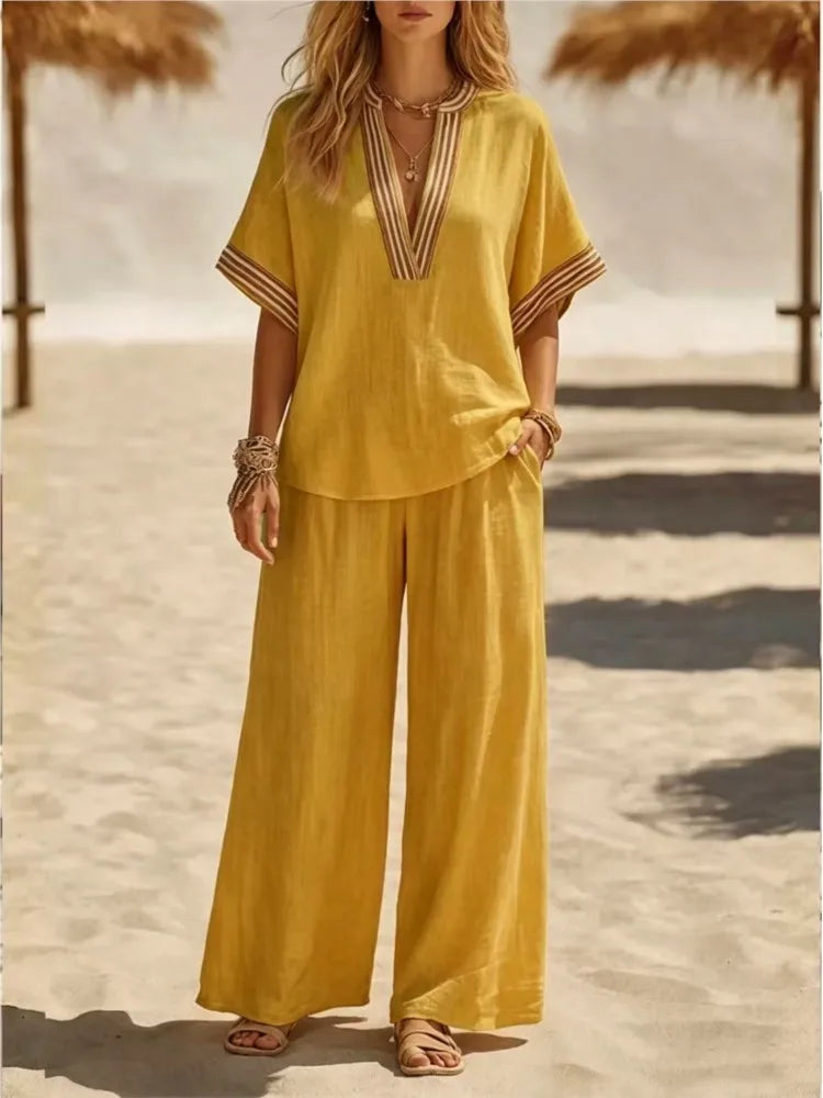 Ensemble femme col V et pantalon ample – CLEVI Paris