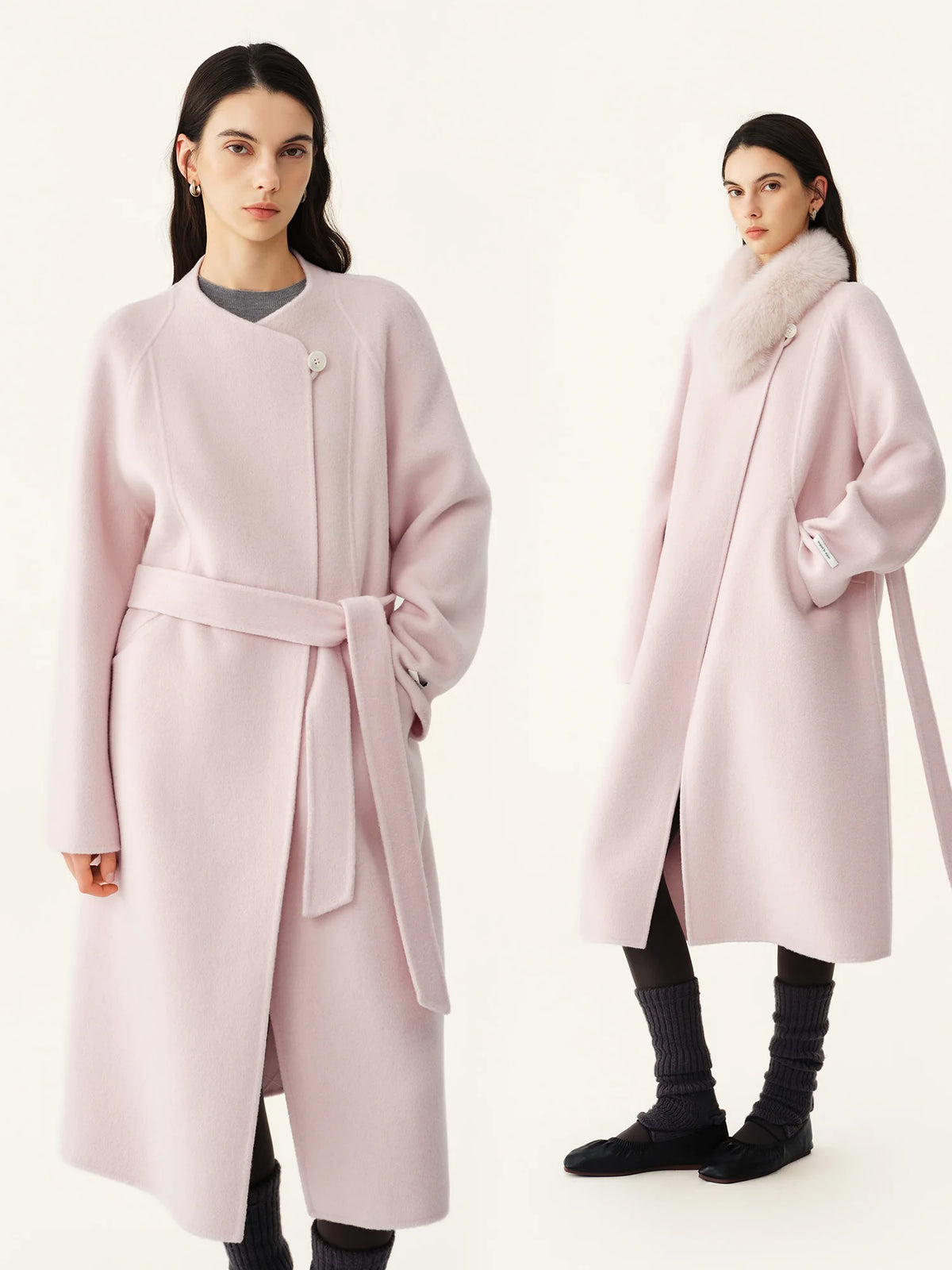 Manteau long laine et soie, col renard femme – CLEVI Paris