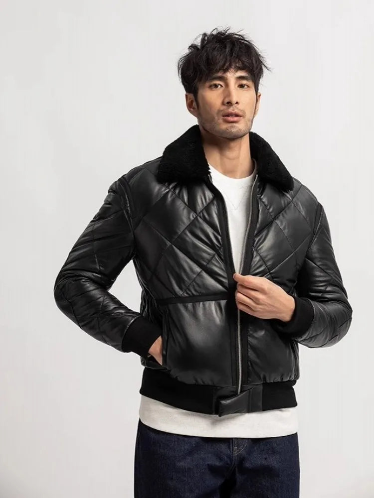 Veste homme en cuir de mouton noir à col rabattu – CLEVI Paris