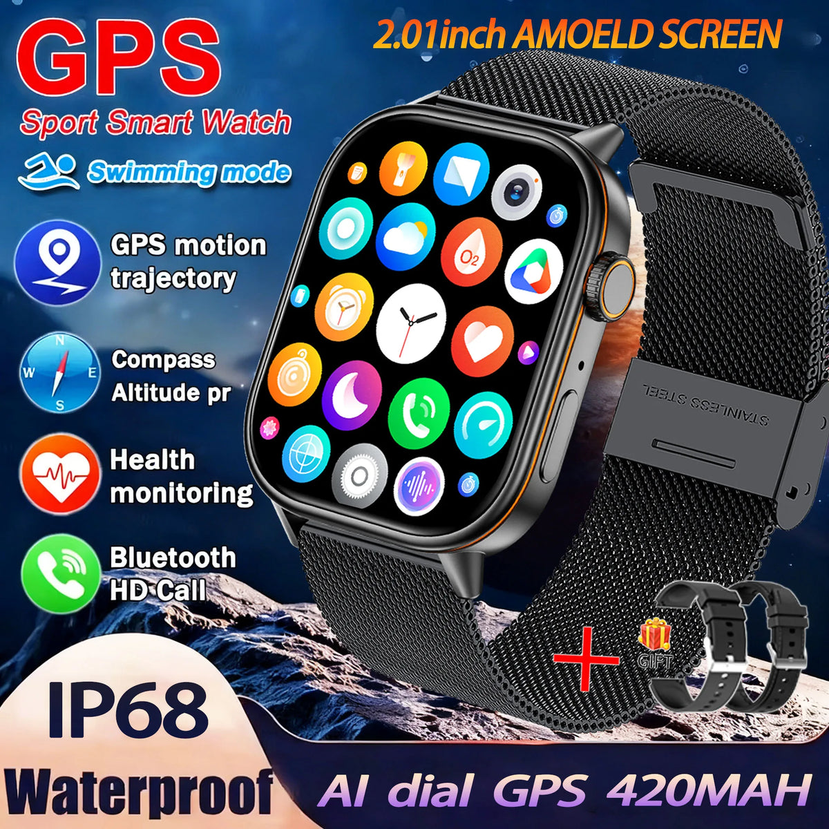 Montre GPS QX17 AMOLED 2,01″ sport – CLEVI Paris