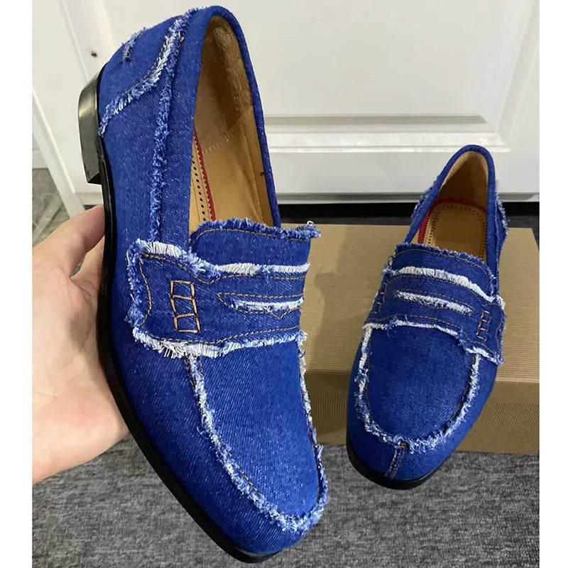 Mocassins Homme Denim Bleu Bout Pointu Glands Slip-On – CLEVI Paris
