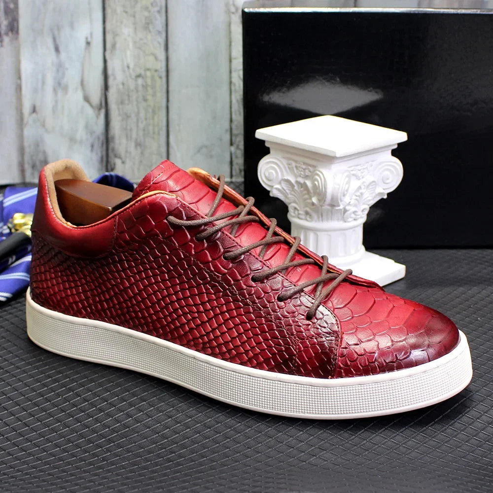 Sneakers Cuir Vachette Homme Motif Serpent Lacets Noir Rouge – CLEVI Paris
