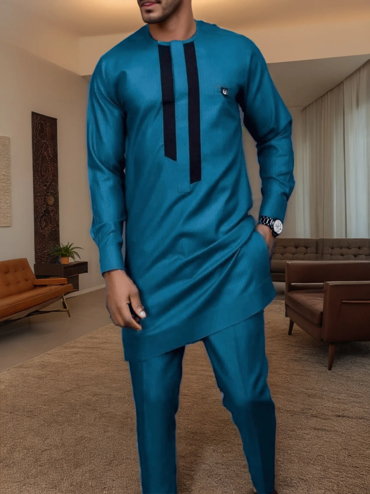 Kaftan Dashiki Homme 2 Pièces Brodé Manches Longues Col Rond + Pantalon Élastique Style Africain Mariage Fête M-4XL – CLEVI Paris
