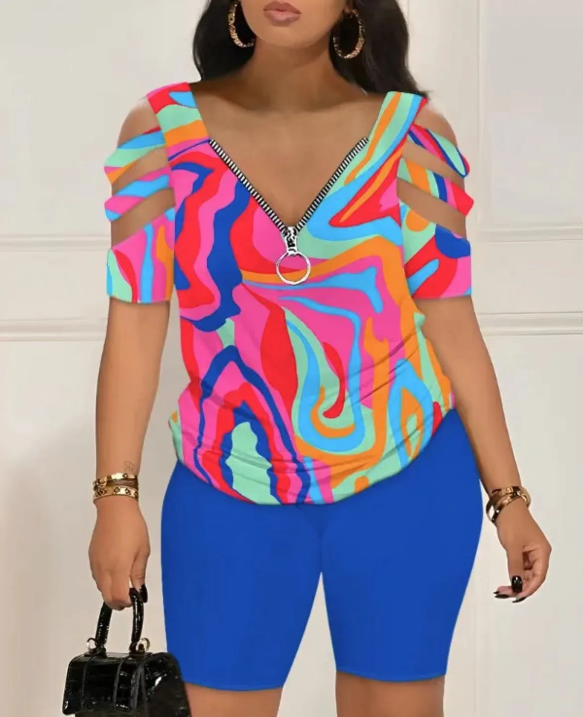 Ensemble 2 Pièces Femme T-Shirt Col V Imprimé Manches Courtes + Short Taille Élastique Casual High Street Été 6 Coloris – CLEVI Paris