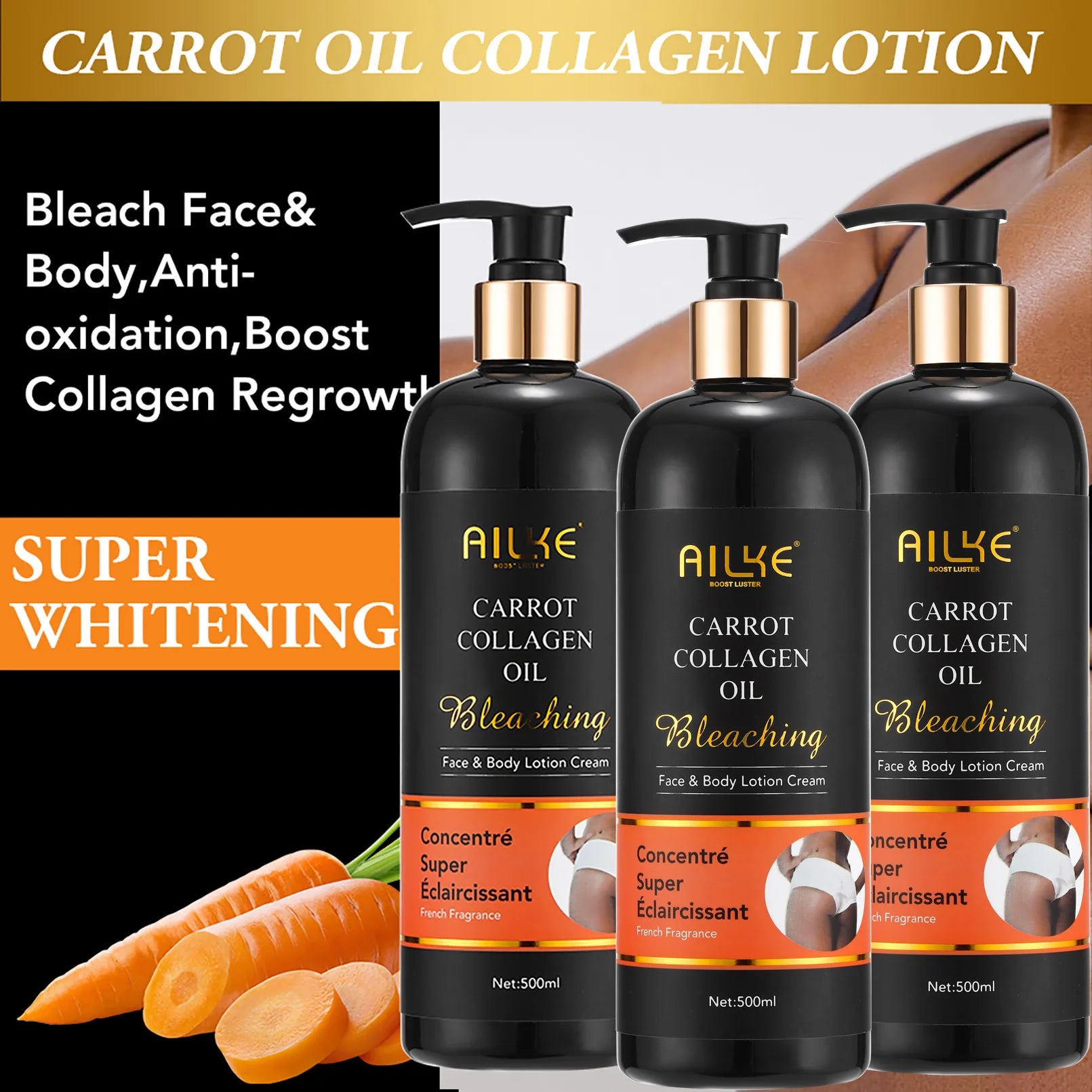 Lotions & Sérums Éclaircissants AILKE – Glutathion, Collagène & Huile de Carotène Corps & Visage – CLEVI Paris