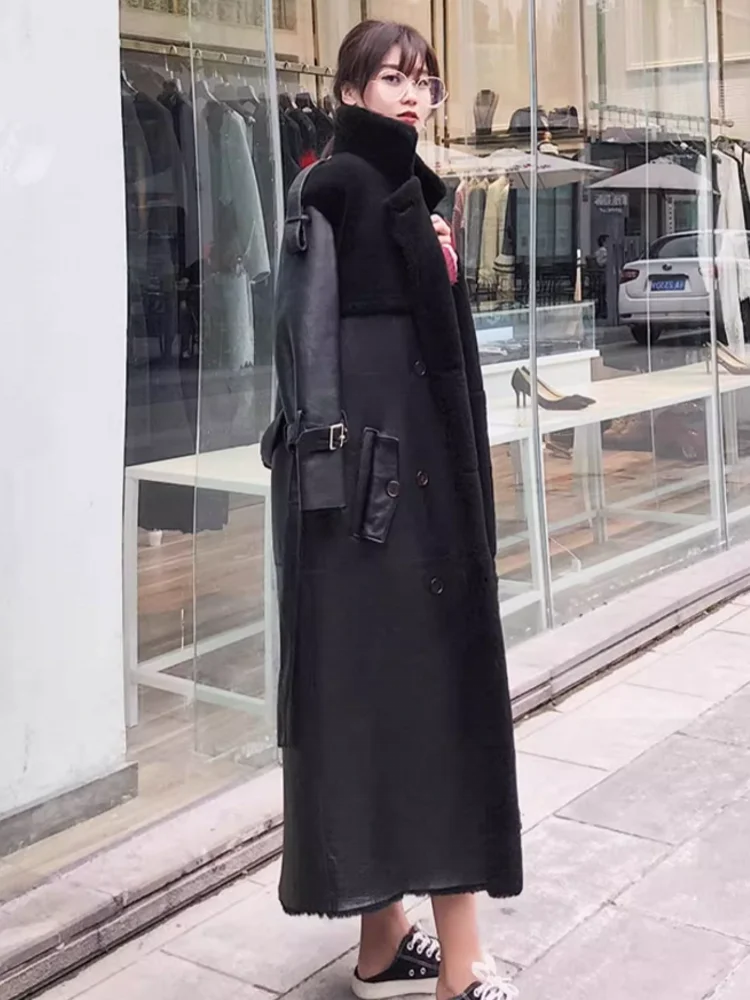 Manteau long femme cuir noir à large col – CLEVI Paris
