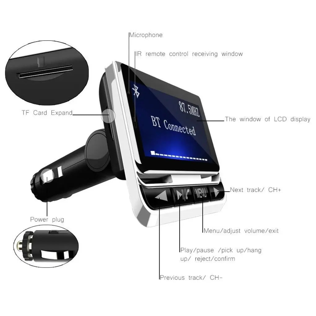 Transmetteur FM Bluetooth Voiture FM12B – Écran LCD 1,44", Mains Libres, Lecteur MP3, Chargeur USB, Télécommande