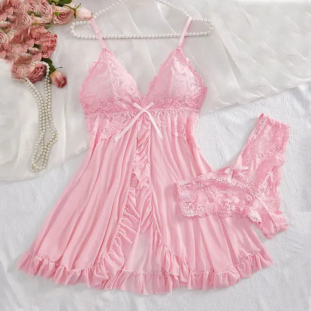 Ensemble Lingerie Dentelle Volantée Col V Profond Transparent Femme Nuisette Mini + String 6 Coloris S-XL – CLEVI Paris
