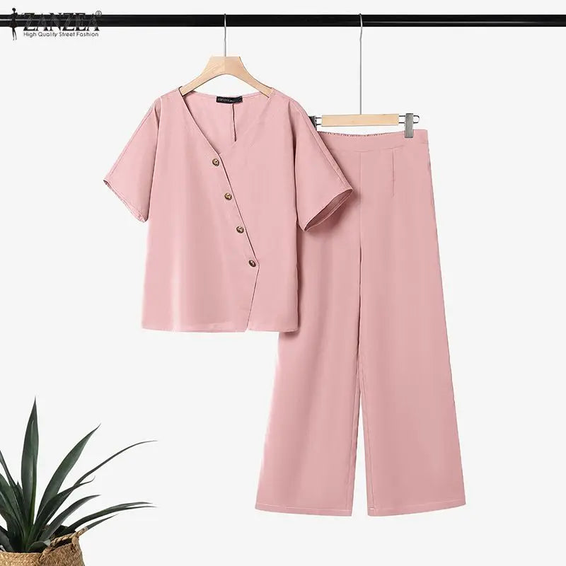 Ensemble 2 Pièces Femme Blouse Col V Manches Mi-Longues Boutonnée + Pantalon Large Taille Mi-Haute Élastique OL Casual 3 Coloris – CLEVI Paris