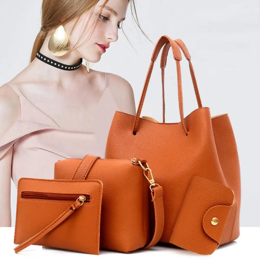 Coffret 4 Pièces Femme PU Texture Litchi Tote + Épaule + Pochette – CLEVI Paris
