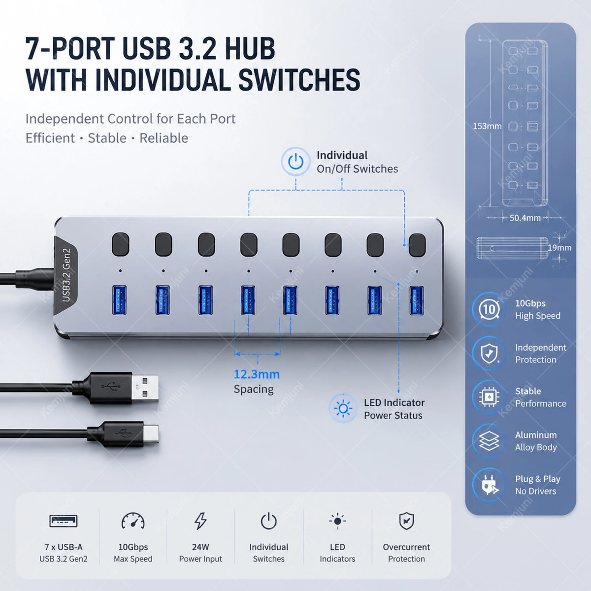 Hub USB 3.2 Gen 2 7 Ports 10Gbps avec Câble – CLEVI Paris