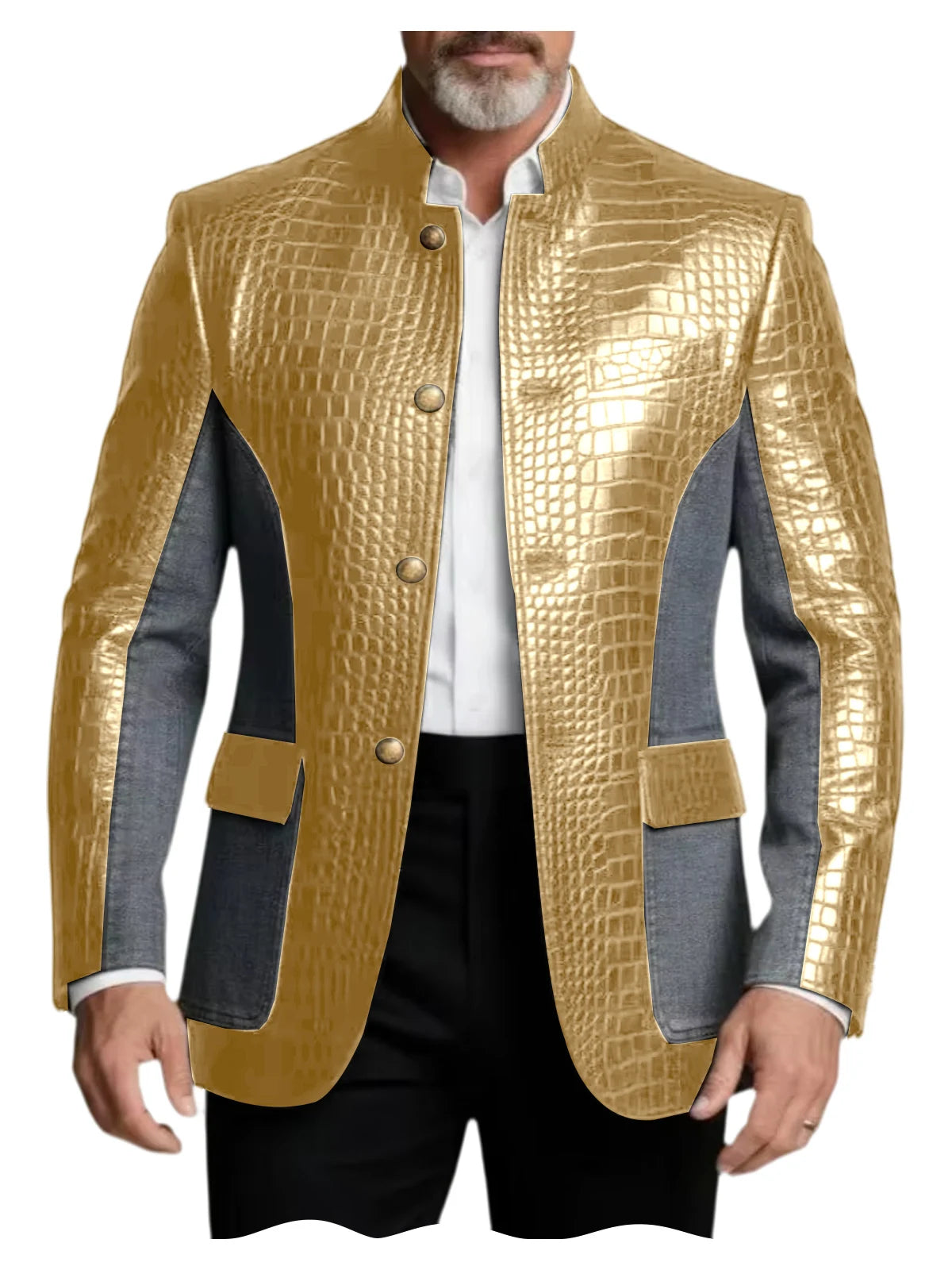 Blazer en cuir PU de luxe marron pour homme, effet croco, patchwork denim, col montant, coupe ajustée, idéal pour affaires, décontracté ou soirée