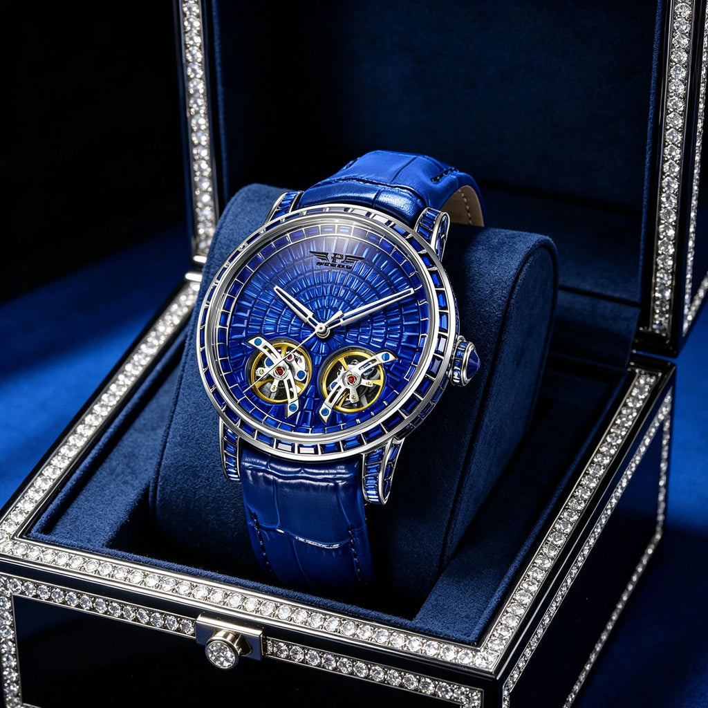 Montre Homme Automatique Double Volant Tourbillon Serti Diamants Saphir Cuir Pindu PD6656 – CLEVI Paris