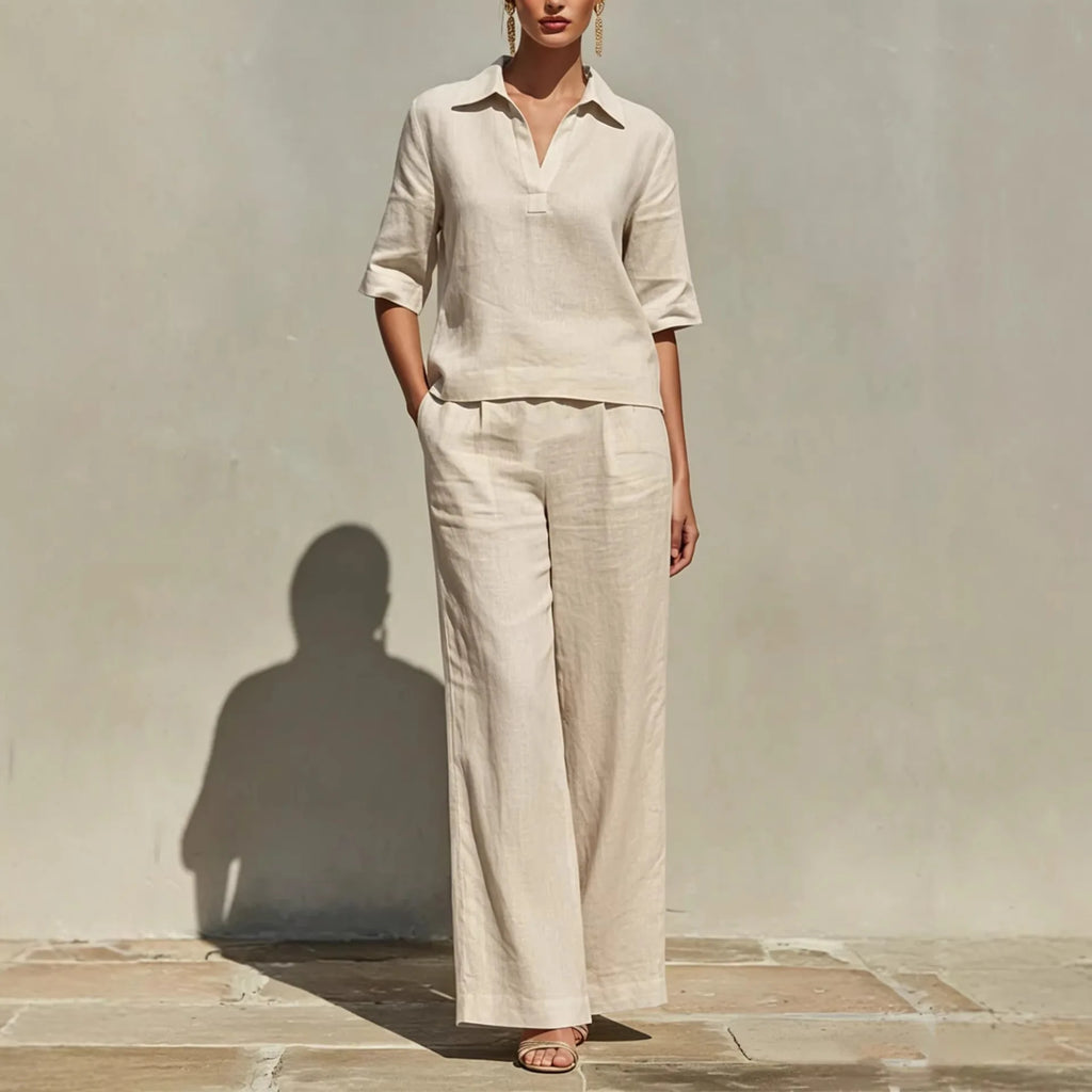 Ensemble Femme Blouse Col Polo et Pantalon Large – CLEVI Paris