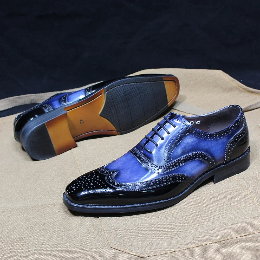 Oxford homme en cuir verni bleu à lacets – CLEVI Paris