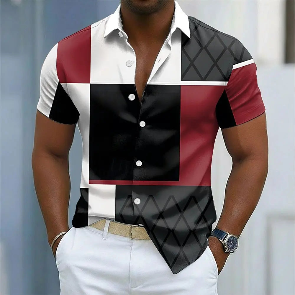 Chemise Homme Casual Manches Courtes Imprimé 3D Color Block Streetwear Été – CLEVI Paris