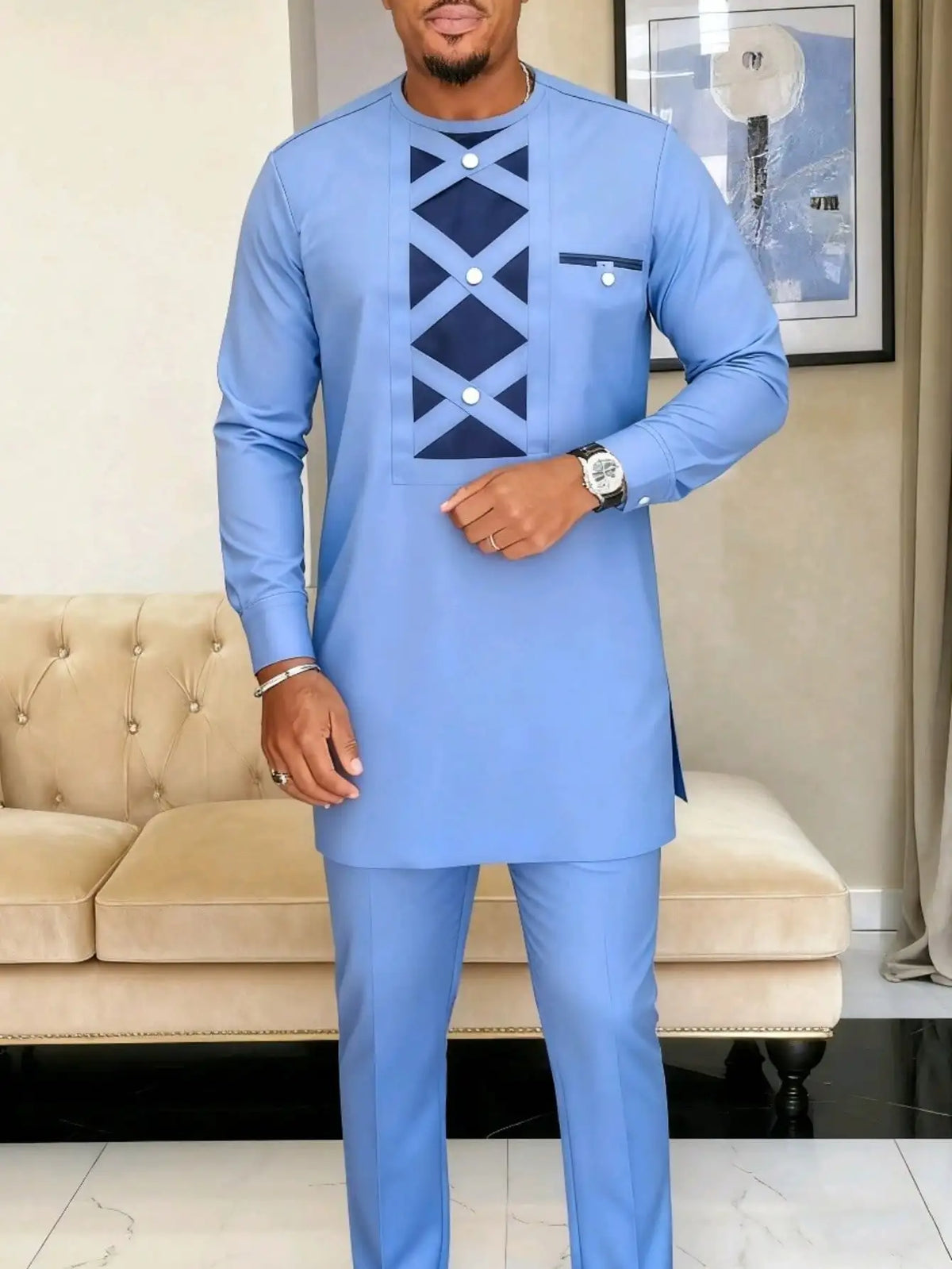 Kaftan Agbada Homme Style Africain 2 Pièces Veste Manches Longues + Pantalon Mariage Cérémonie S-XXL – CLEVI Paris