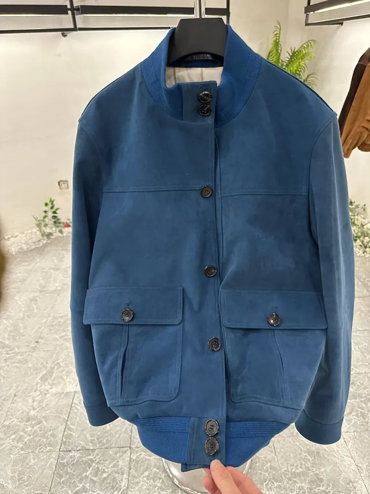 Veste homme bleue aspect daim à col montant – CLEVI Paris