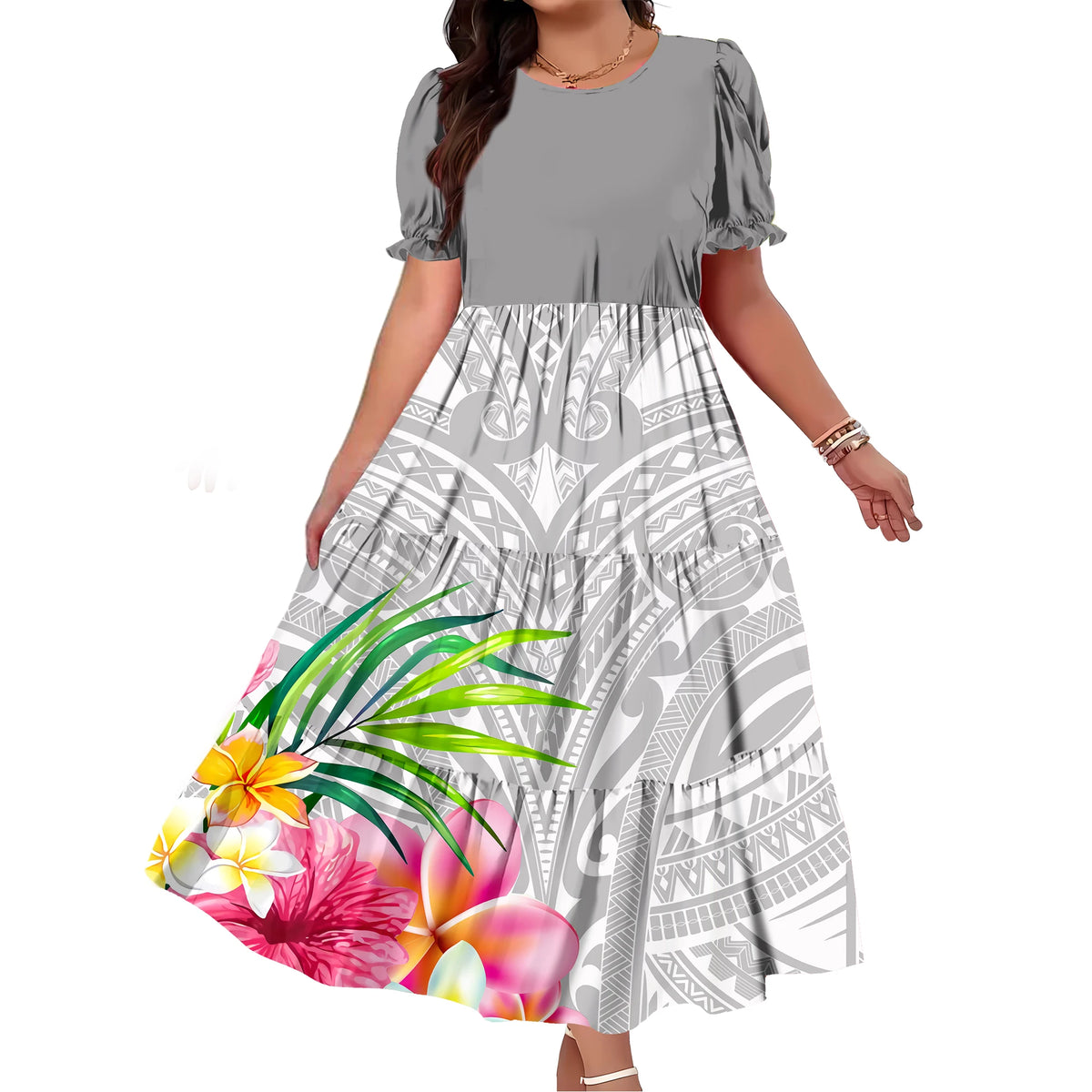 Robe Femme Longue Imprimé Polynésien Manches Bouffantes Ample Élégante – CLEVI Paris