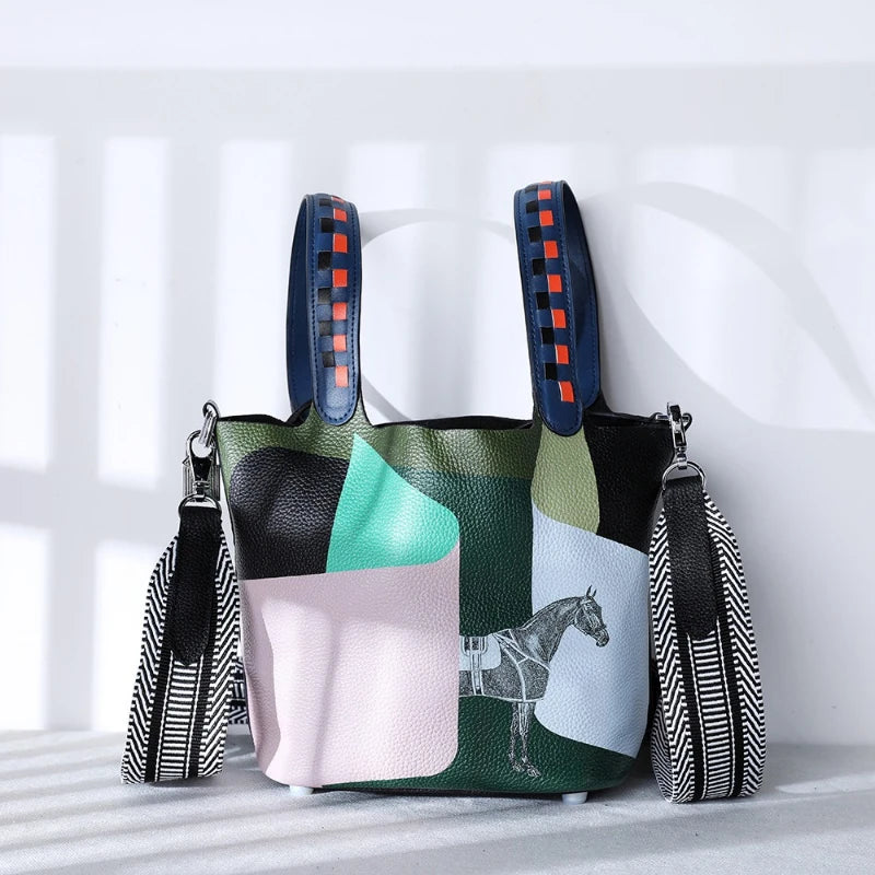 Sac Seau Cuir Bicolore Patchwork Bandoulière Rayures Femme – CLEVI Paris