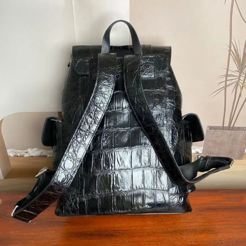 Sac à Dos Cuir Croco Noir Homme Cordon 30x38cm – CLEVI Paris