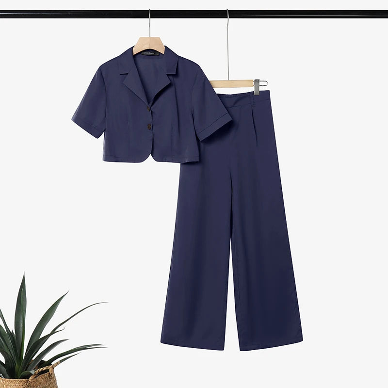 Ensemble 2 Pièces Femme Crop Top Col Rabattu Manches Courtes Boutonné + Pantalon Large Taille Haute Élastique Poches Casual OL Marron Kaki Marine – CLEVI Paris