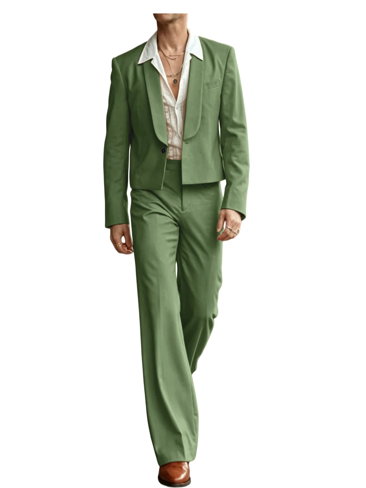 Costume 2 Pièces Homme Blazer Court Col Châle + Pantalon Évasé Taille Haute Style Vintage Slim Fit – CLEVI Paris