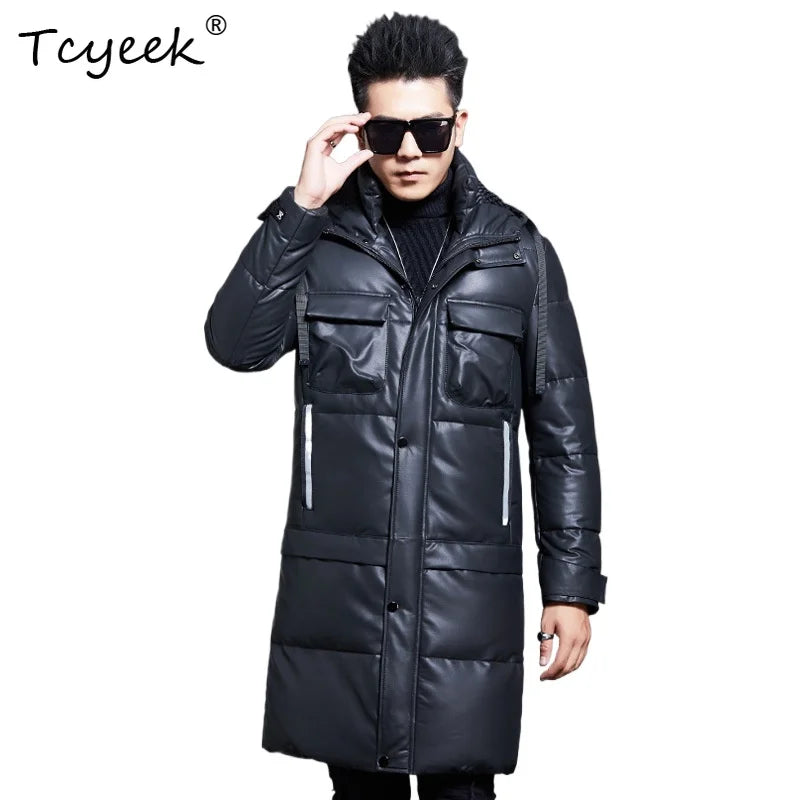 Manteau homme cuir et duvet d’oie à capuche – CLEVI Paris
