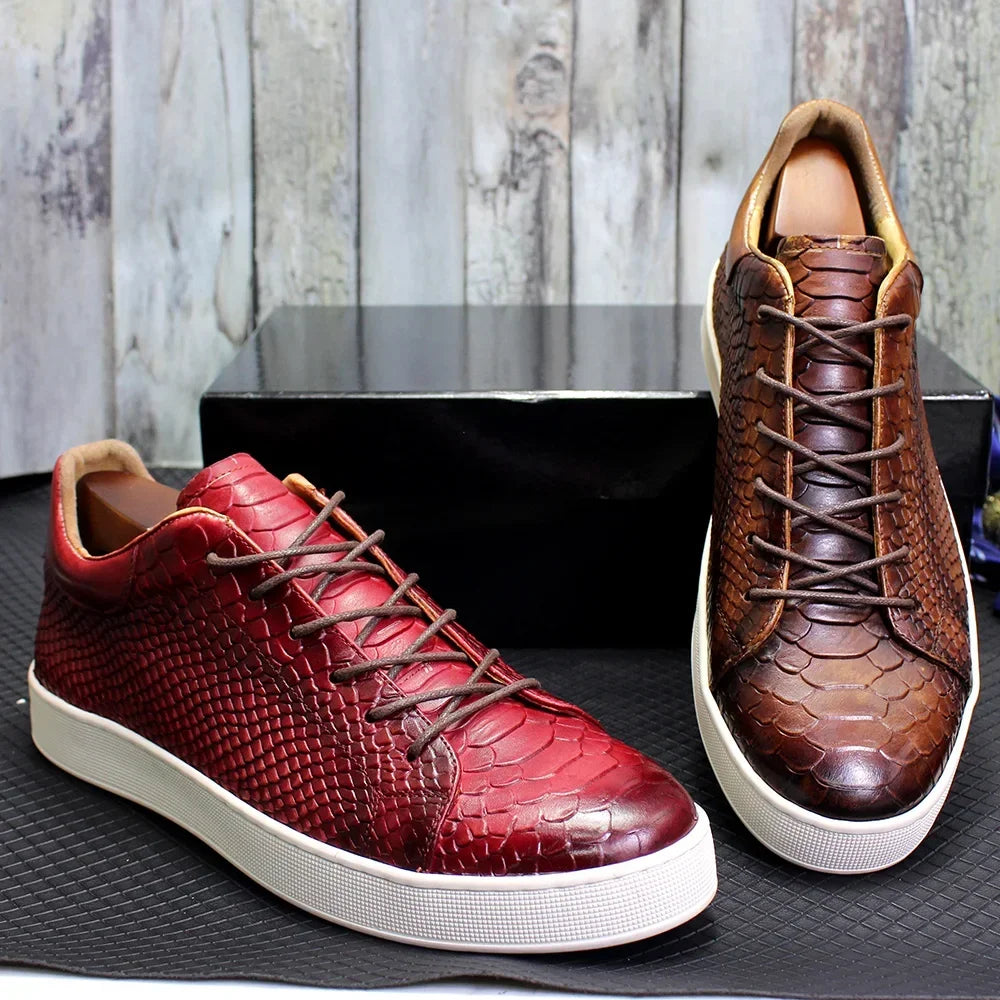 Sneakers Cuir Vachette Homme Motif Serpent Lacets Noir Rouge – CLEVI Paris