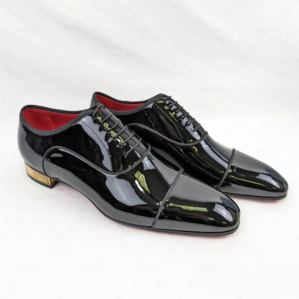 Oxford Homme Cuir Verni Noir Talon Doré Lacets Mariage – CLEVI Paris