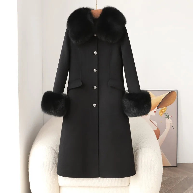 Manteau long femme en laine à col duveteux – CLEVI Paris