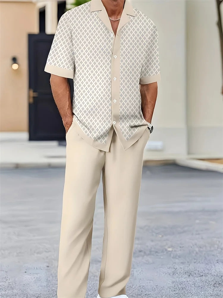 Ensemble 2 Pièces Homme Chemise Imprimée 3D Col Cranté + Pantalon Casual Voyage – 26 Motifs, S à 2XL – CLEVI Paris