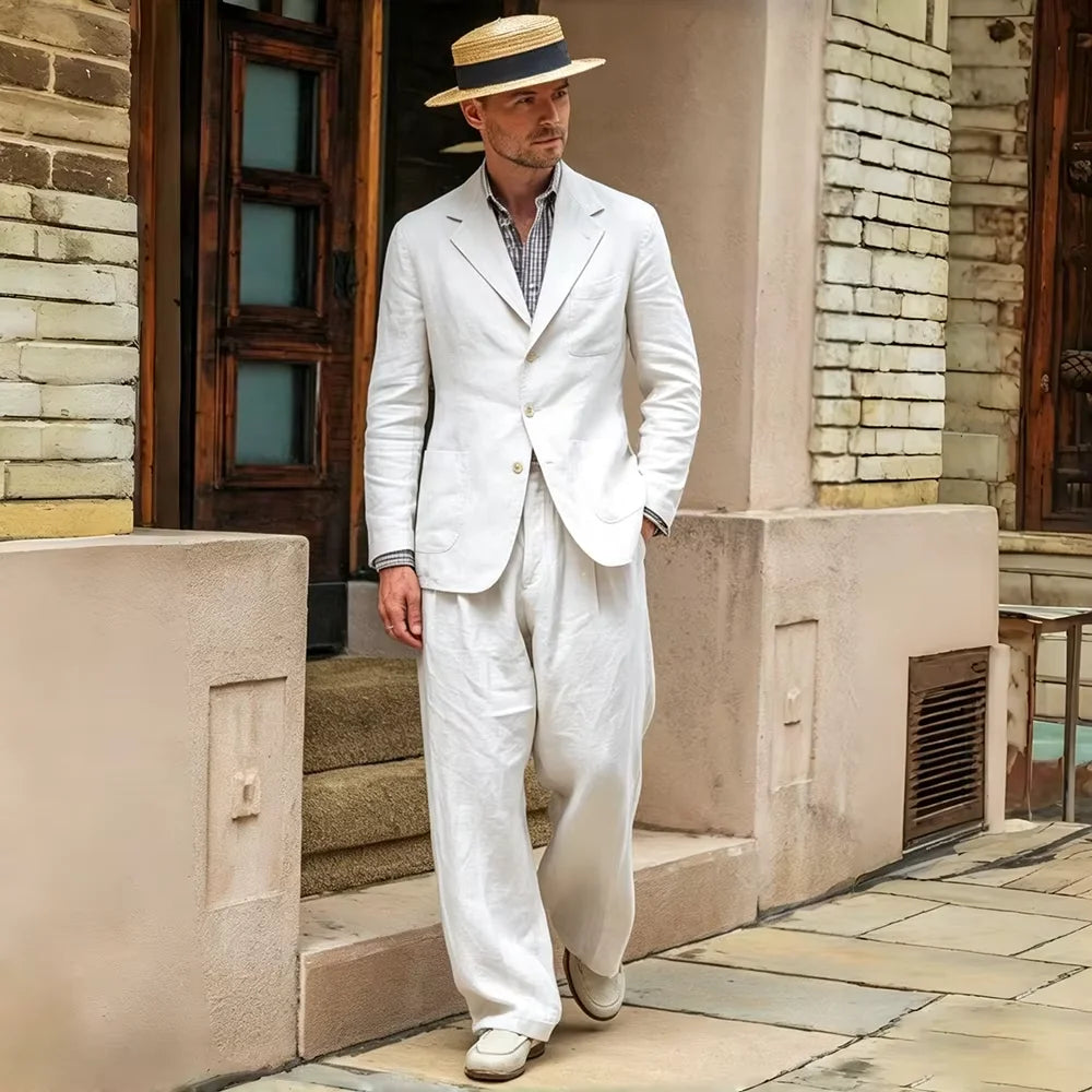 Costume Homme 2 Pièces Lin Coton Blazer Col Cranté + Pantalon Jambe Droite Smart Casual Mariage Été 7 Coloris – CLEVI Paris
