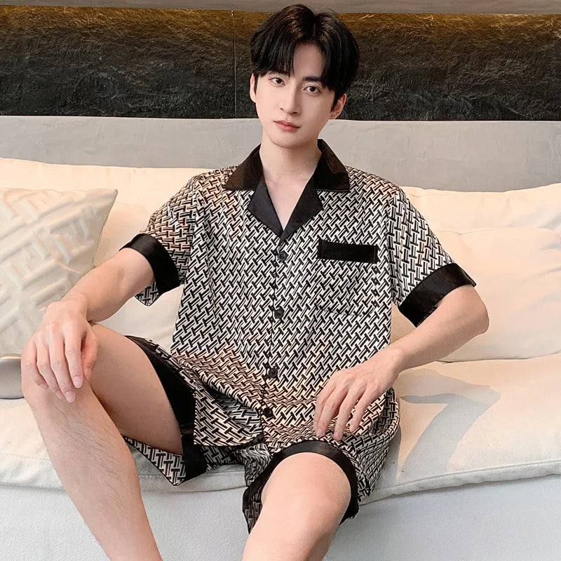Pyjama Homme 2 Pièces Soie de Glace Satin Col Rabattu Manches Longues Style Luxe Imprimé Printemps Été – CLEVI Paris