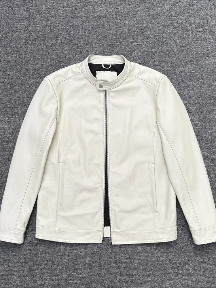 Veste homme en cuir ivoire à col montant – CLEVI Paris