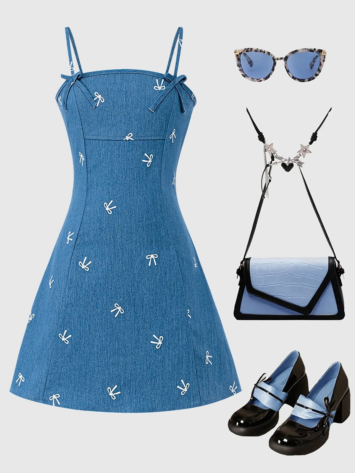 Robe fille bleue à bretelles et nœuds – CLEVI Paris