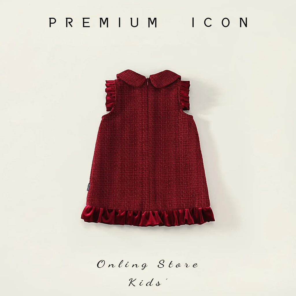 Robe fille rouge en velours à col Claudine – CLEVI Paris