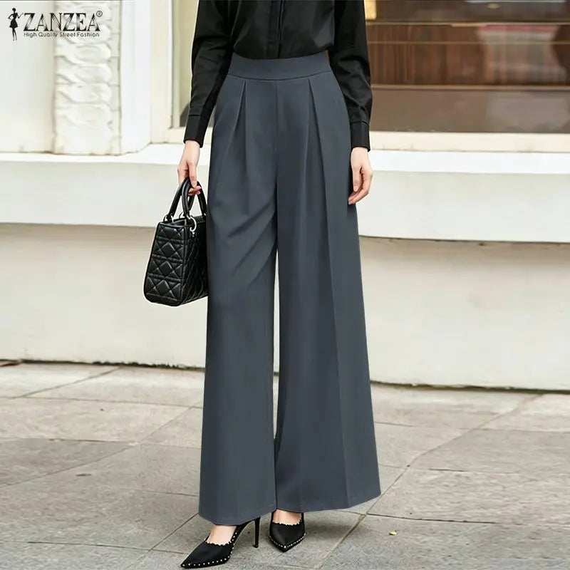 Pantalon Femme Taille Haute Élastique Plis Inversés Jambe Large Bureau Casual – CLEVI Paris