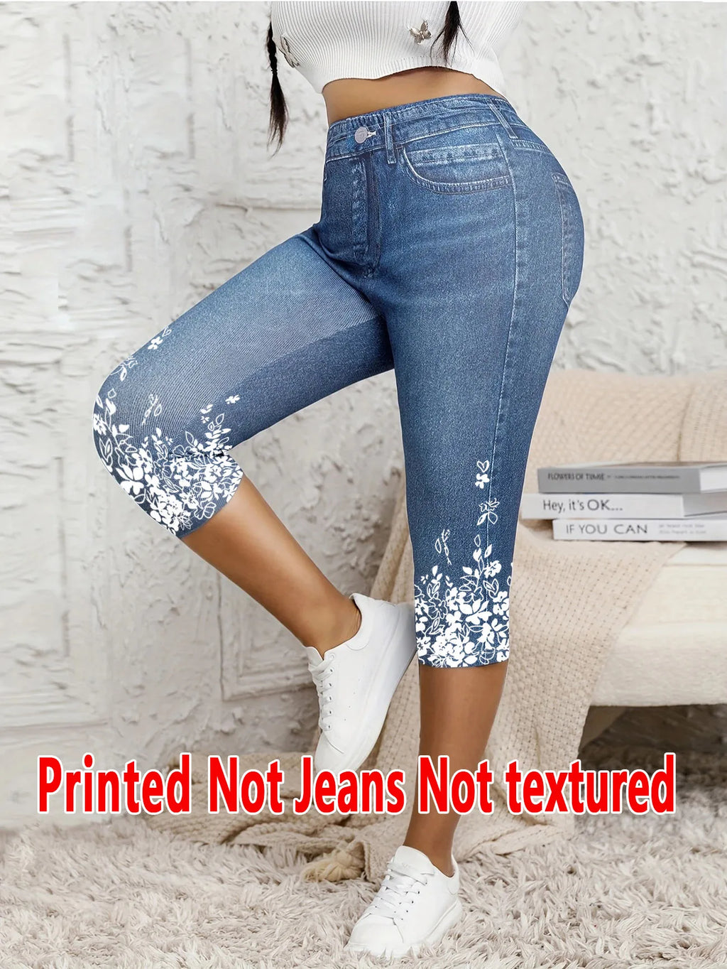 Legging 7/8 Femme Imprimé Effet Jean Taille Haute Stretch Gainant Casual – CLEVI Paris