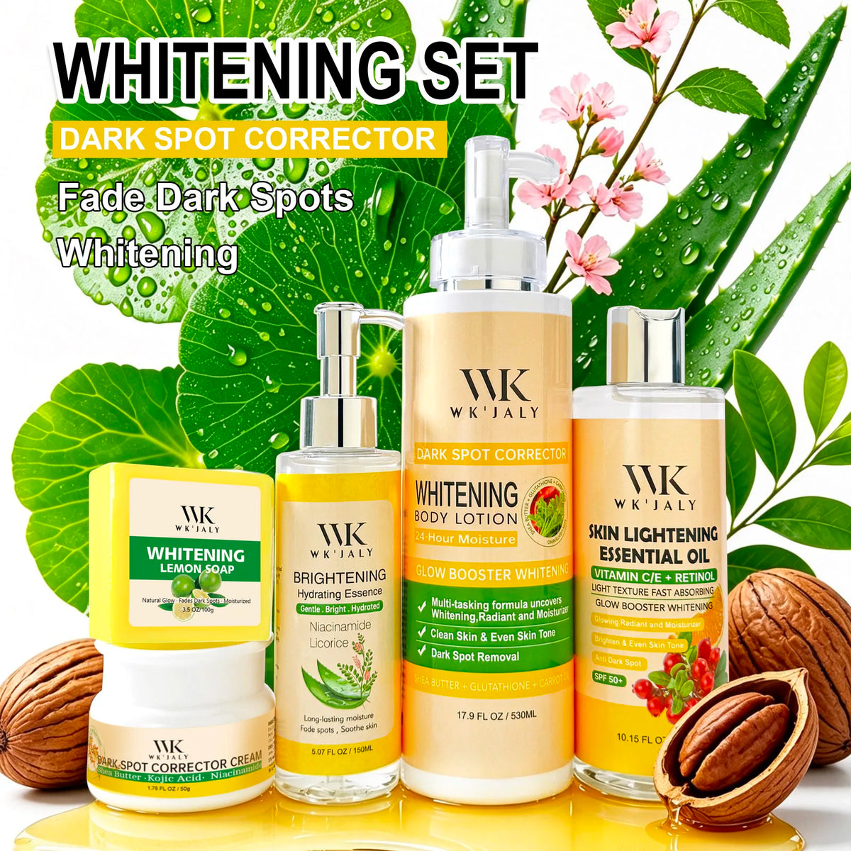 Coffrets & Packs Éclaircissants WK'JALY – Lotion, Huile, Sérum, Crème & Savon Anti-Taches – CLEVI Paris