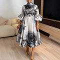 Robe Femme Grande Taille Col Montant Manches Lanterne A-line Mi-Mollet Casual – CLEVI Paris