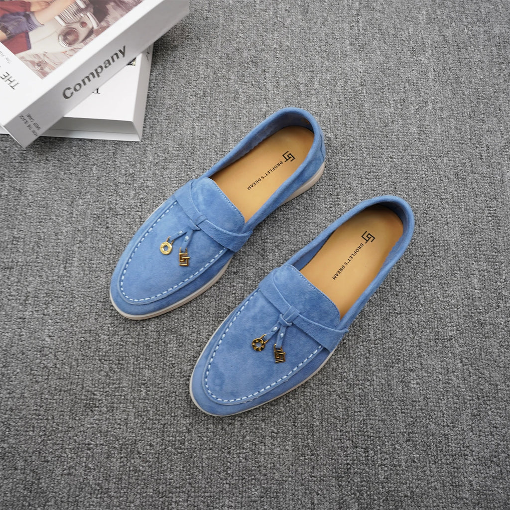 Mocassins Femme Daim Mouton Bout Rond Décoration Métal Slip-On Semelle Antidérapante – CLEVI Paris