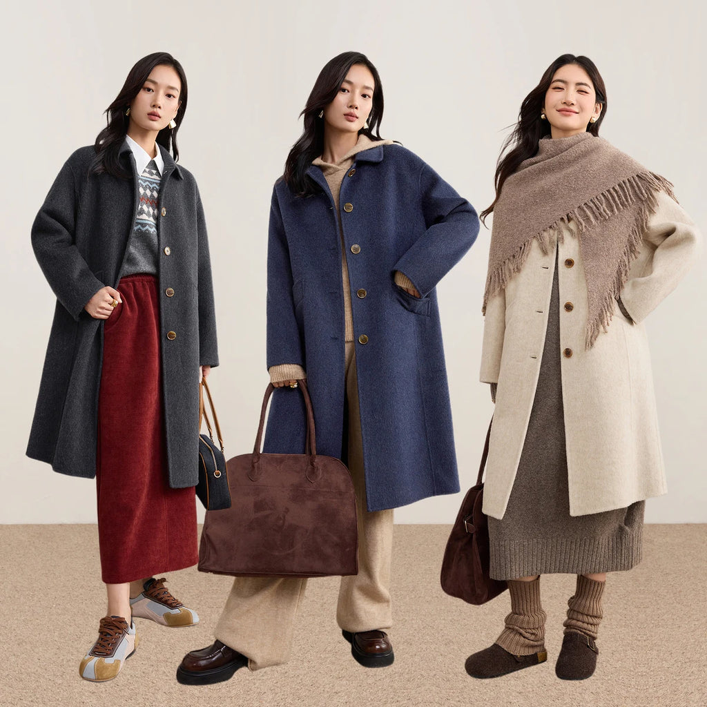 Manteau long femme en laine mélangée à col polo – CLEVI Paris
